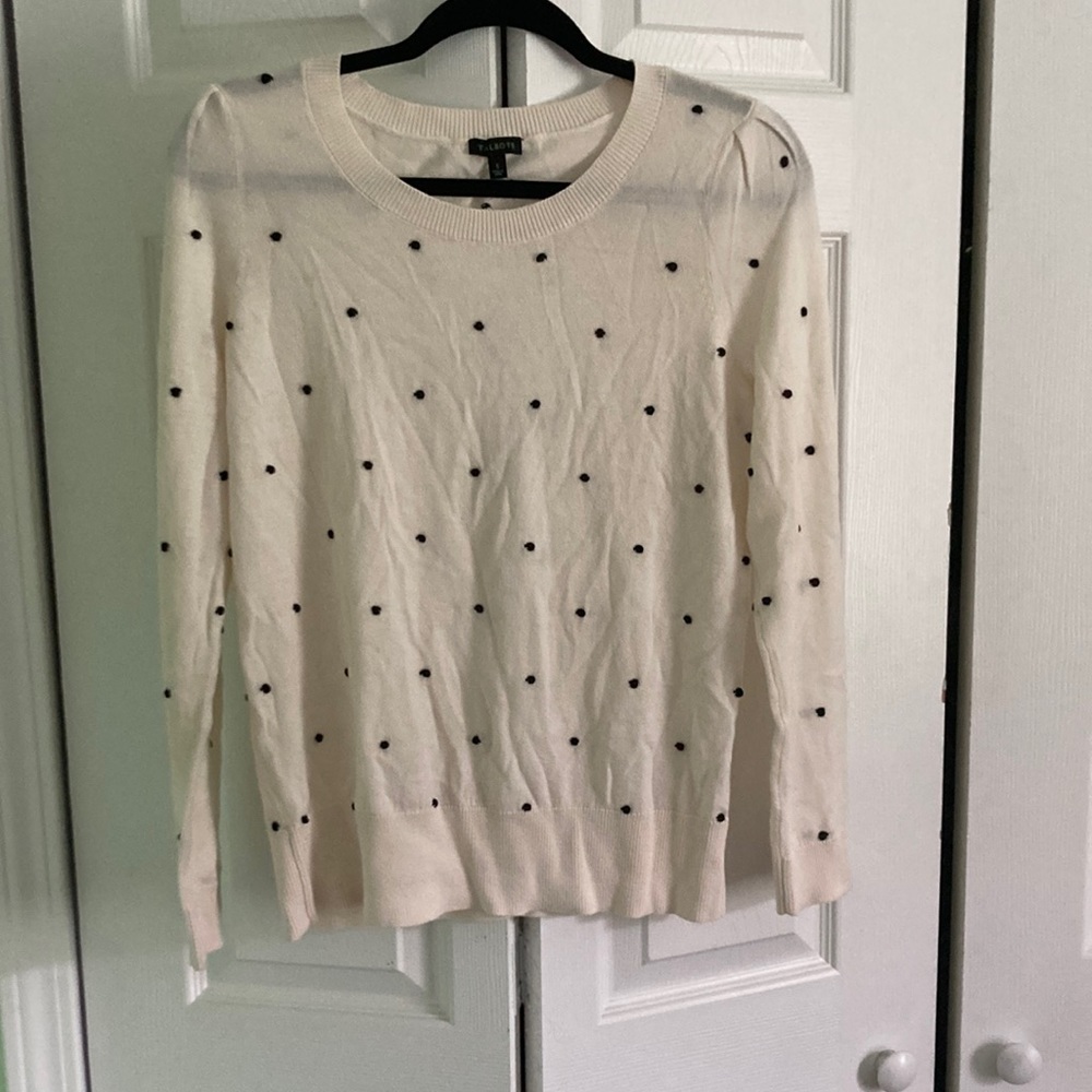 Talbots white cardigan with black polka dots